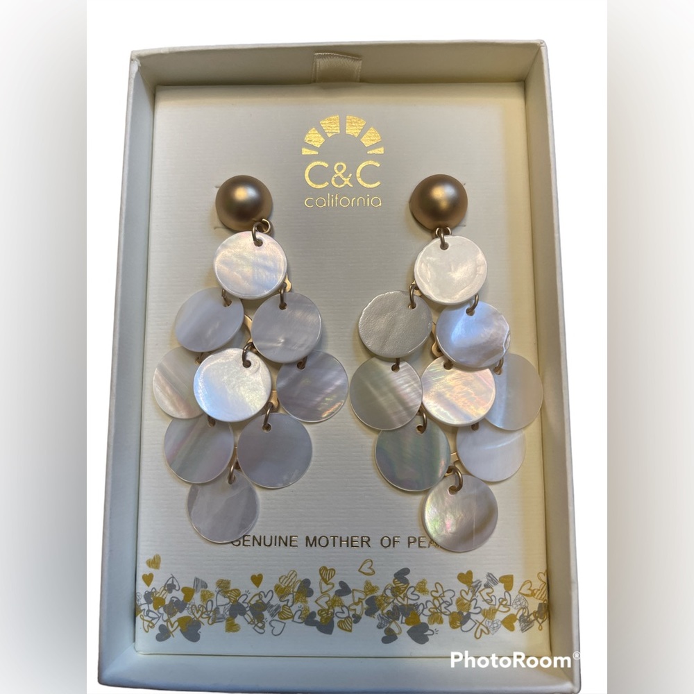 C&C California Mother Of Pearl Tiered Disc Chandelier Earrings Brand New #16